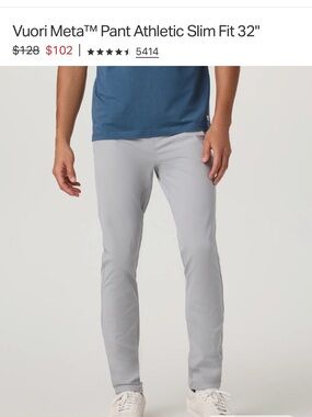 Vuori Meta™ Pant Athletic Slim Fit 36” Waist, 32" Inseam, Color Light Gray